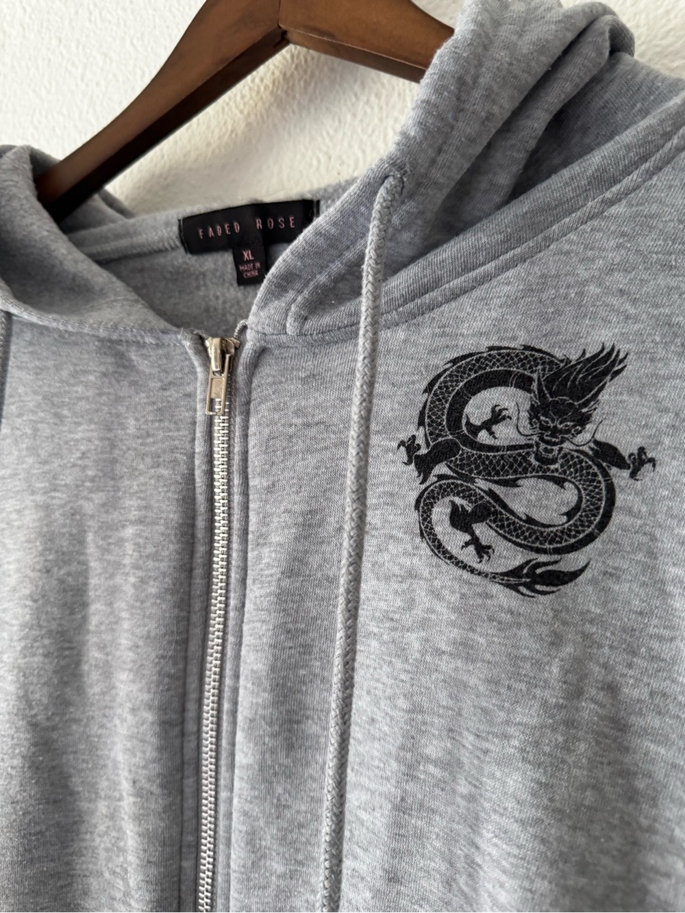 Faded Rose Gray Dragon Cropped Zip Up Hoodie Y2K Grunge Streetwear XL - Picture 3 of 13